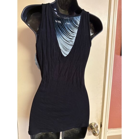 V-Neck Black Fringe Ombre Sleeveless Dress - Picture 7 of 9